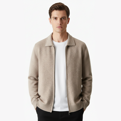 EXTRA-FINE MERINO WOOL ZIP POLO CARDIGAN
